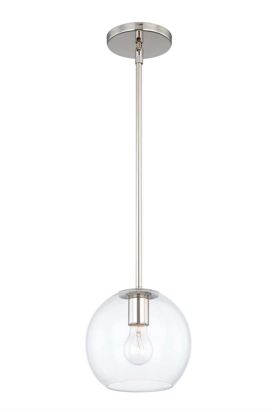 Single Rod Iron Pendant Light with Round Glass Shade | Adjustable Height | Polish Nickel Finish | Customizable Glass Size and Color