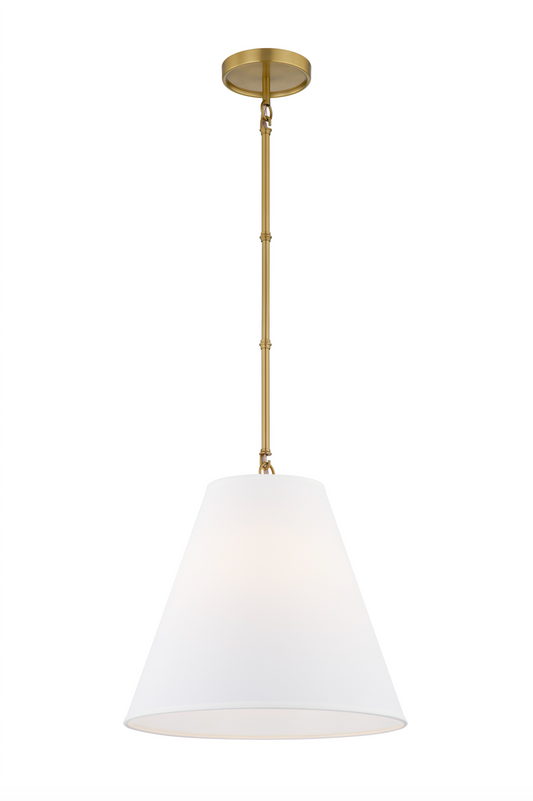 Custom Single-Head Pendant Light with Linen Shade and Bamboo-Inspired Rod--Aged Brass finish