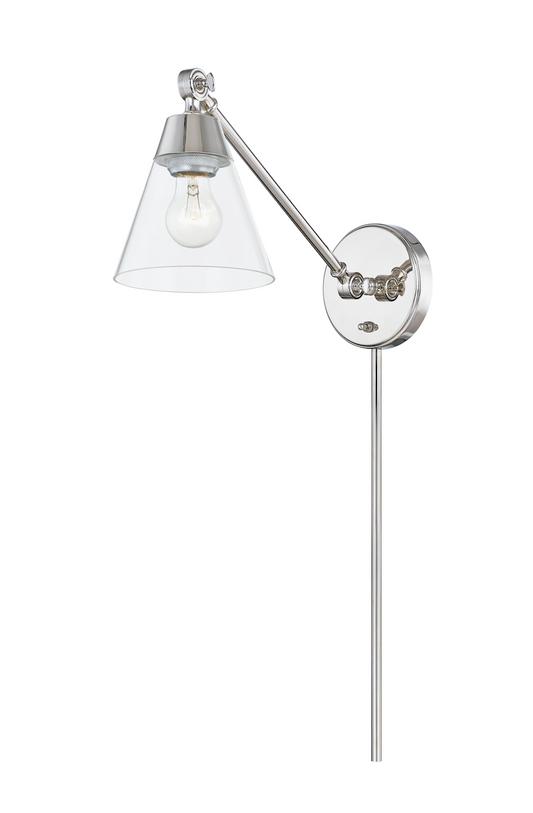 Clarity Cone Series Custom Single-Head Plug-In Wall Light with Adjustable Arm and Clear Cone Glass Shade，Suitable for Dry and Damp Locations