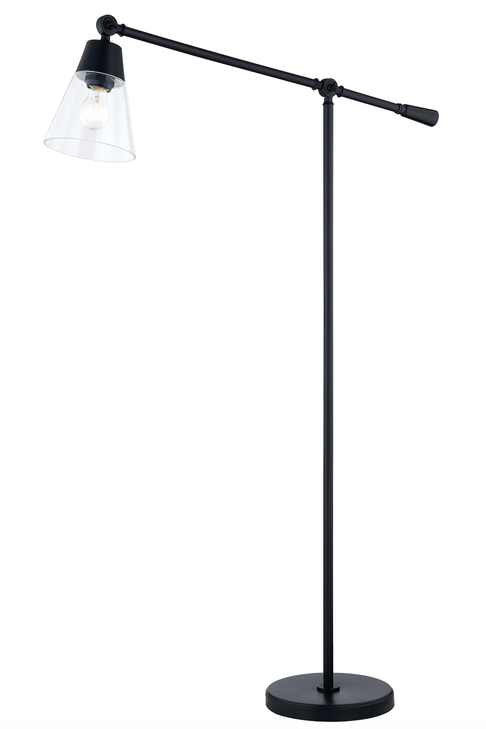 Clarity Cone Series。Custom Floor Lamp with Clear Cone Glass Shade and Adjustable Arm，Suitable for Dry and Damp Locations with multiple finishes