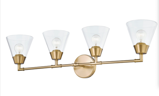 Clarity Cone Series Custom Quadruple-Head Wall Light with Clear Cone Glass Shades， Suitable for Dry and Damp Locations